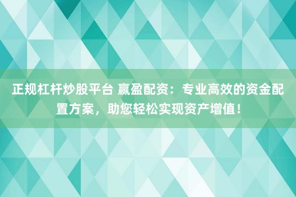 正规杠杆炒股平台 赢盈配资：专业高效的资金配置方案，助您轻松实现资产增值！